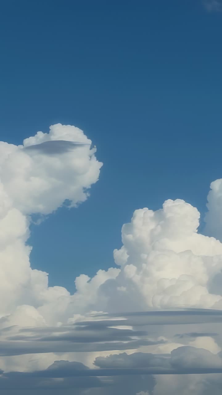 Vertical video: Cumulus clouds shifting, forming lenticular base and towers in sky, driven by sun
