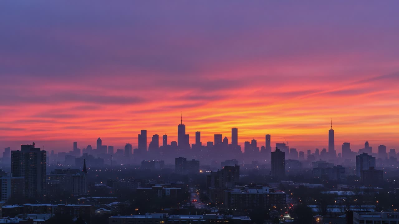 Stunning Skyline Transition: Vibrant Sunset to Enigmatic Nightfall Over a Bustling Urban Cityscape Captured in Dynamic Frames