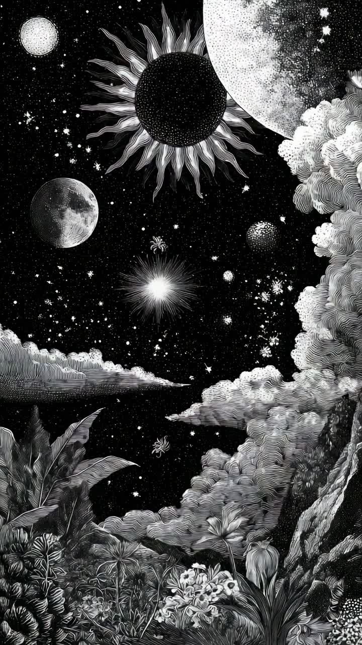 Paesaggio cosmico surreale con pianeti e stelle, ripreso da un'angolazione bassa, in stile video