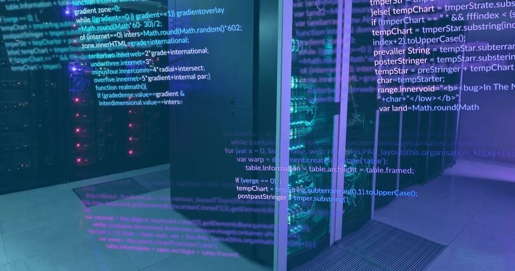 Animation of multicolored computer language over data server systems in server room
