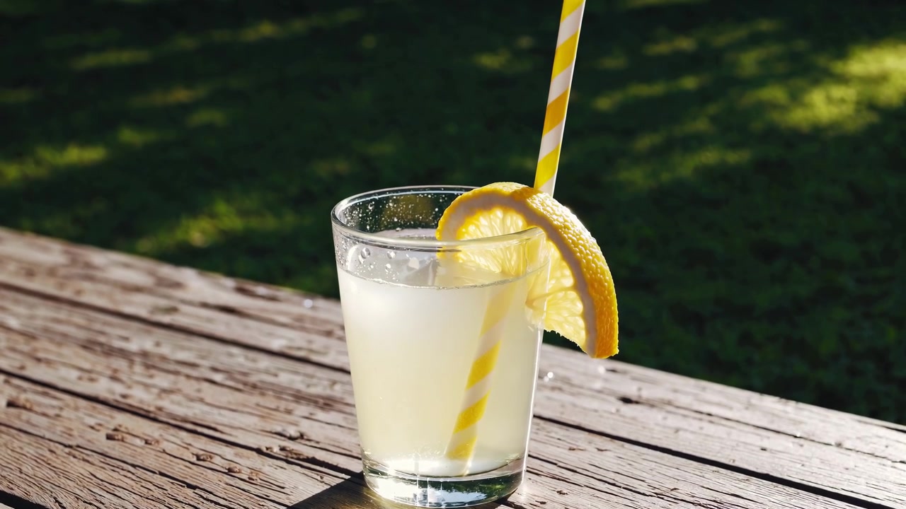 Limonata rinfrescante con ghiaccio e fetta di limone su un tavolo di legno