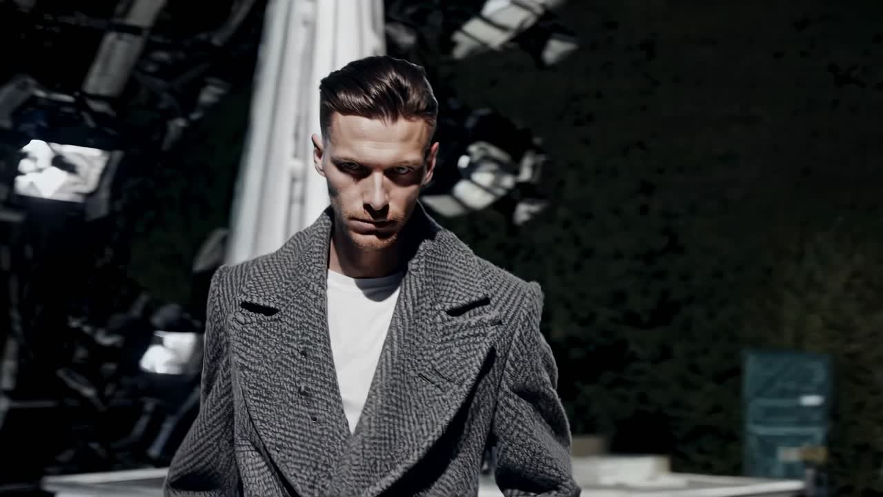 패션 쇼 에서 회색 코트 를 입은 남자