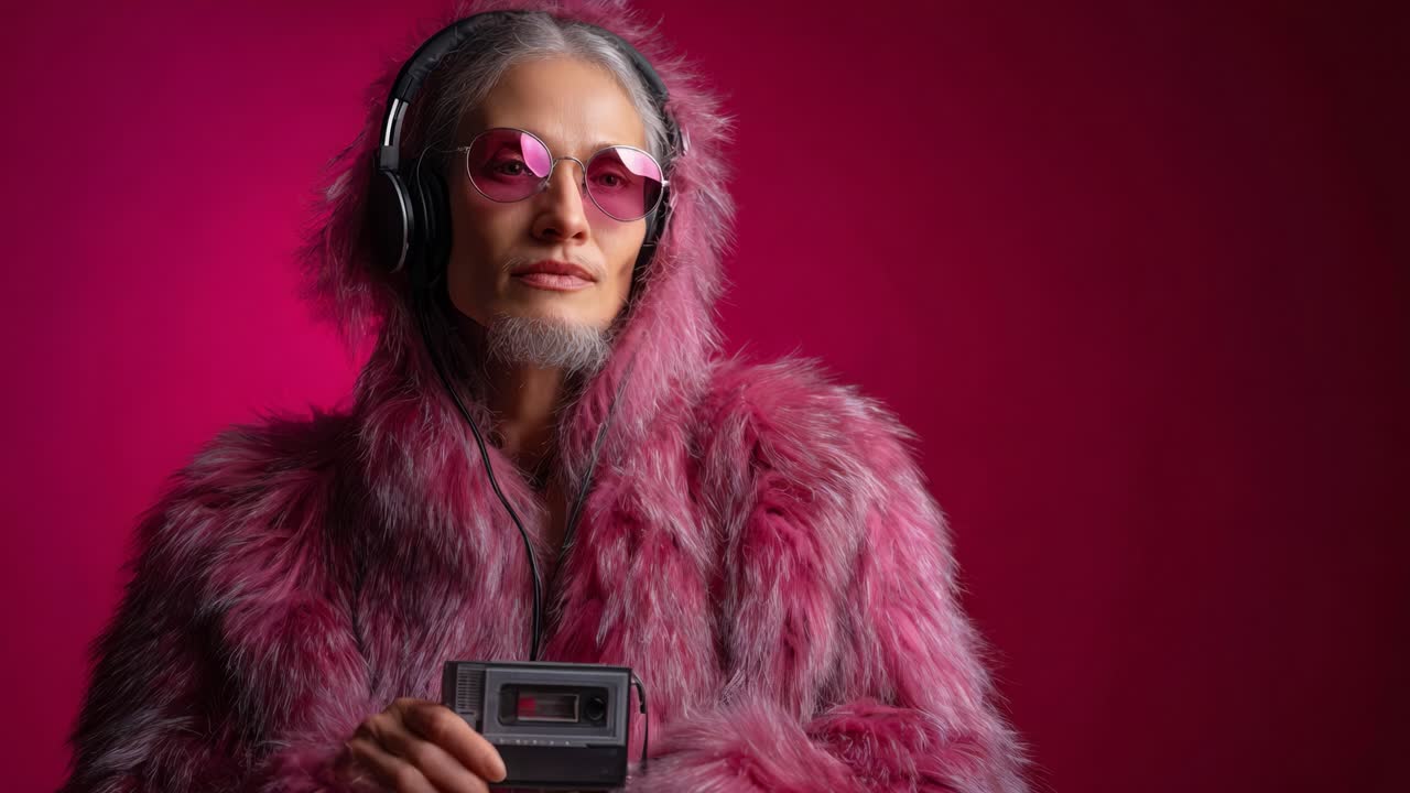 Et trendsættende individ omfavner retroæstetik med stilfuld lyserød pels, vintage hovedtelefoner og kassetteafspiller mod en levende lyserød baggrund