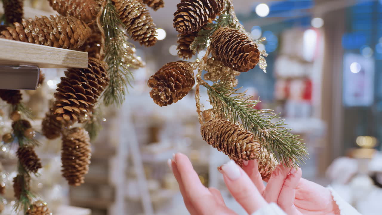 Close-up of lady gently holding a decorated pinecone garland in a decor shop, the festive and shimmering decor creates a cozy, warm atmosphere