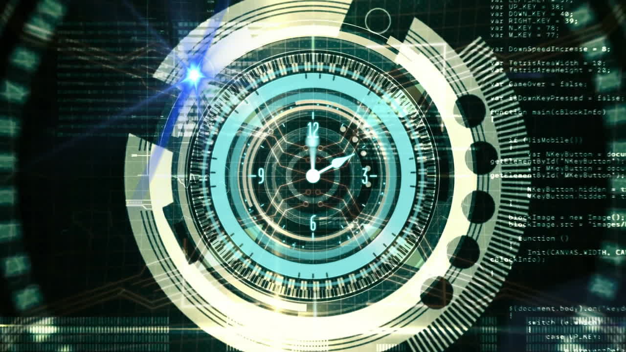 Futuristic digital clock animation with rotating gears and data processing elements