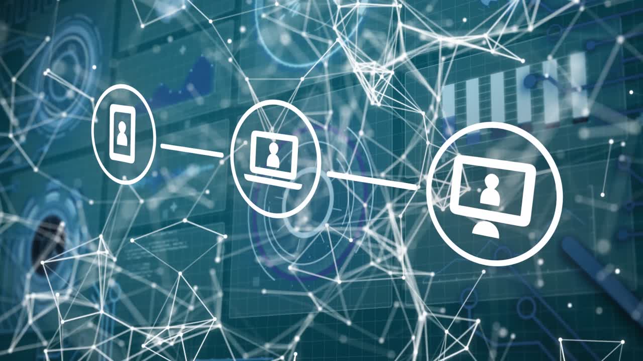 animación de los iconos de los dispositivos de comunicación a través de la red de conexiones