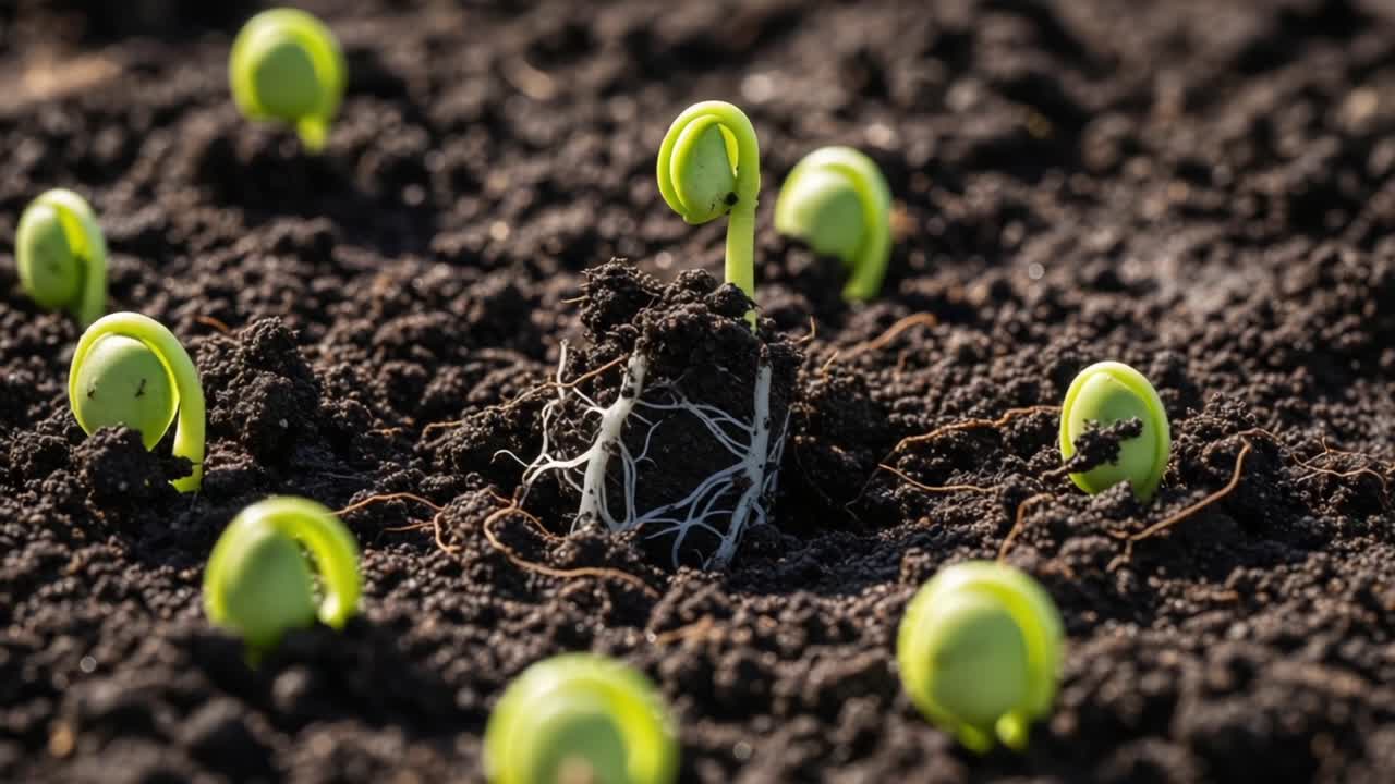 The Journey of New Life: Vibrant Seedlings Emerging from Rich, Dark Soil in a Sunlit Environment, Showcasing the Beauty of Nature's Growth Cycle