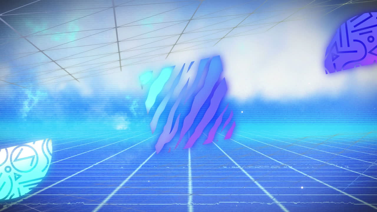 파란색 그리드 위에서 변화하는 추상적인 다채로운 모양의 애니메이션