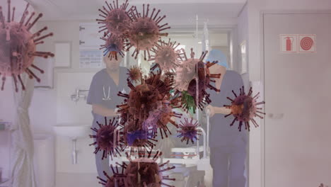 animation of covid 19 cells over doctors in hospital