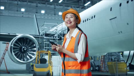 mujer ingeniera que trabaja en el hangar de aviones