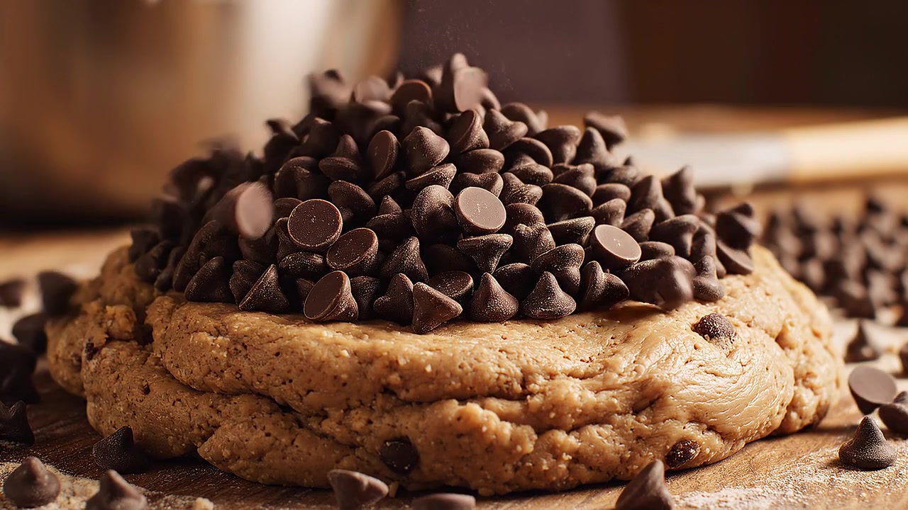 Derramando gotas de chocolate meio amargo sobre massa de biscoito caseira