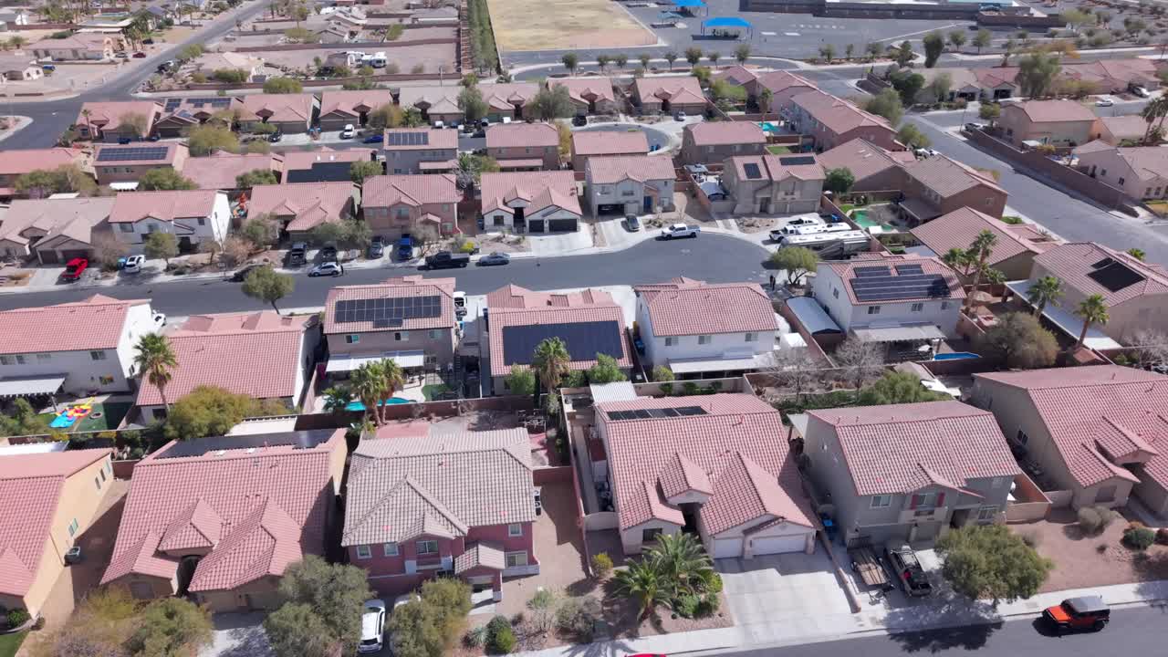 Homes In A Quiet Suburban Neighbourhood Of Henderson In Las Vegas, Nevada. Aerial Tracking Shot.