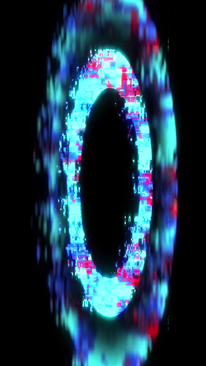 Effetto glitch digitale che si espande in un cerchio blu neon