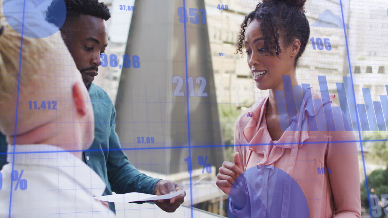 Animation of multiple graphs with changing numbers, diverse coworkers discussing reports in office