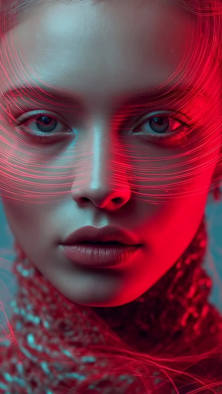 Vertical video: Color shift nudging model micro shifts in studio, metallic collar, cyan-red overlay
