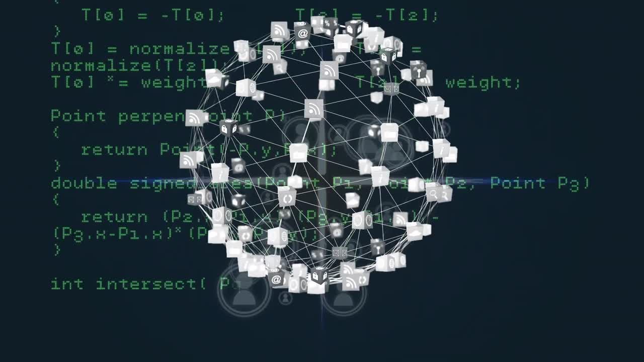 Animation of globe made of connections over data processing on black background
