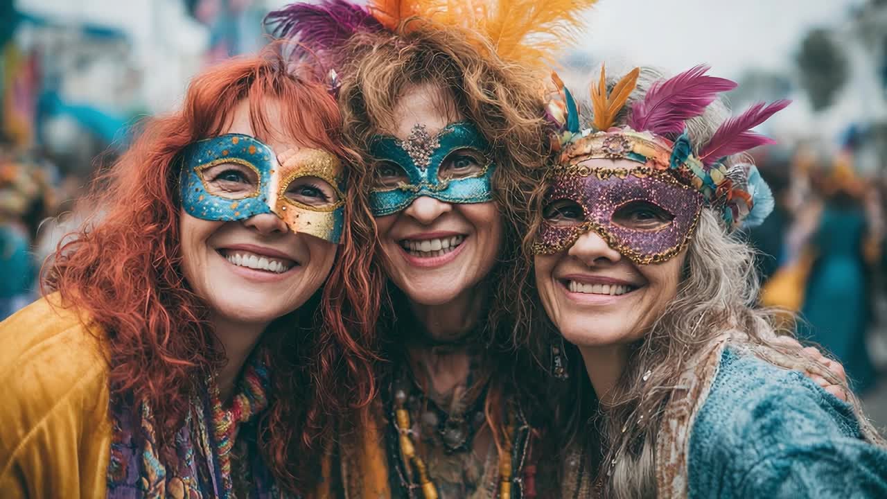 Three women in colorful masks celebrate at a festive outdoor event