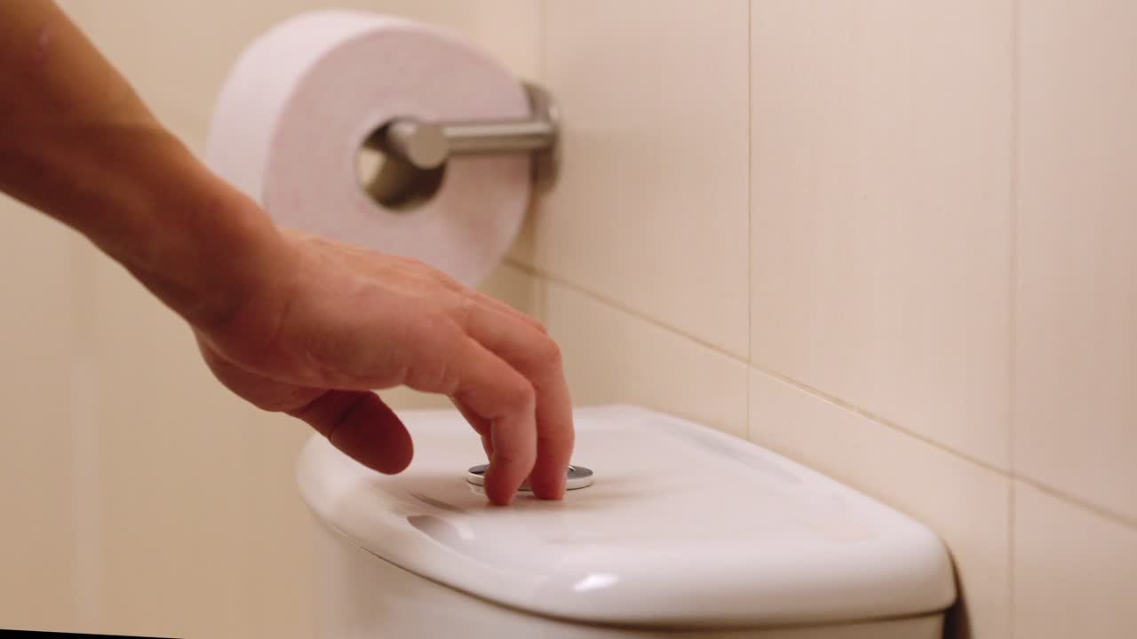 Hand flushing a toilet in a bathroom