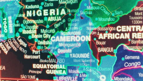close-up view of a glowing map showing west and central african countries