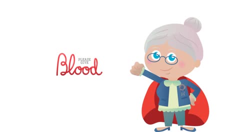 Animation-of-please-give-blood-text-with-illustration-of-superhero-woman