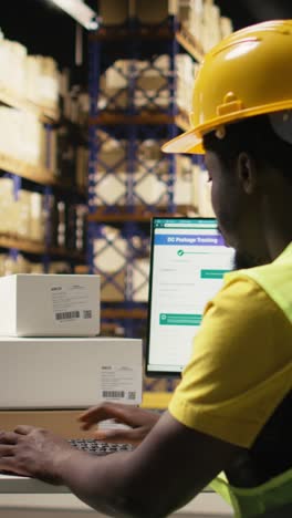 vertical video guy using ai and scanner on awb shipping labels for tracking info