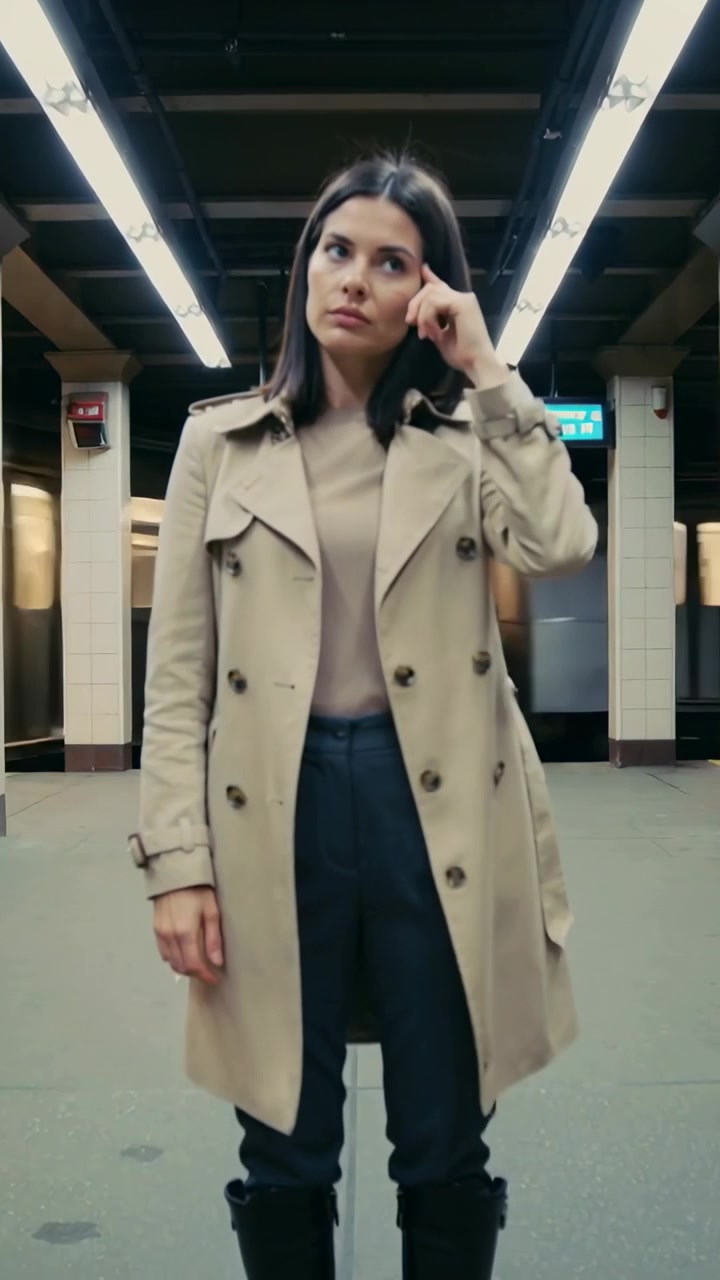 Video verticale: Toccandosi la tempia mentre un treno passa sulla banchina della metropolitana, una donna in trench beige.