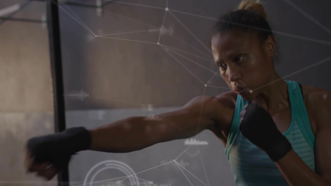Woman initiating guard breath, throwing jabs and crosses, speeding up, HUD linking motion to boxing