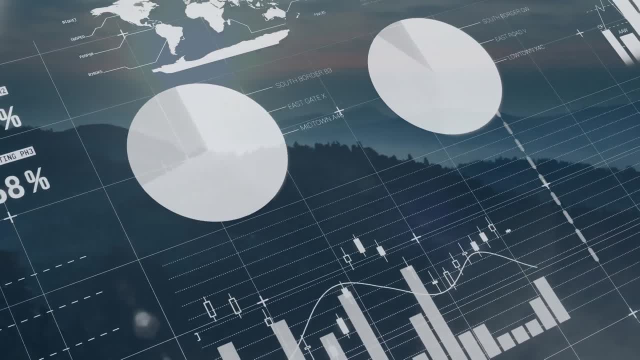 Animation of statistical data processing over grid network against aerial view of mountains