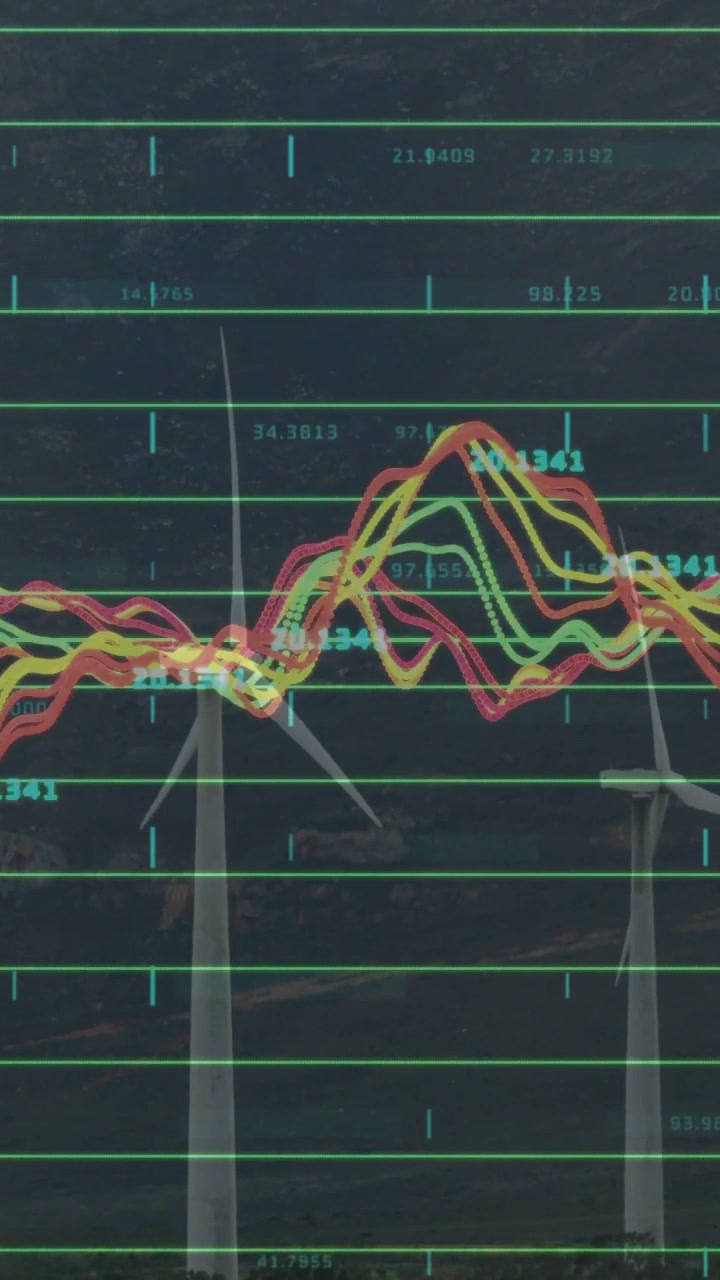 Vertical video: Sensor data driving chart oscillating over wind farm, tracking energy output