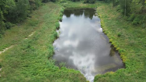 "Drone-over-Europe's-dawn-lit-lake-captures-tranquil-lagoon,-lush-forest,-and-natural-ponds