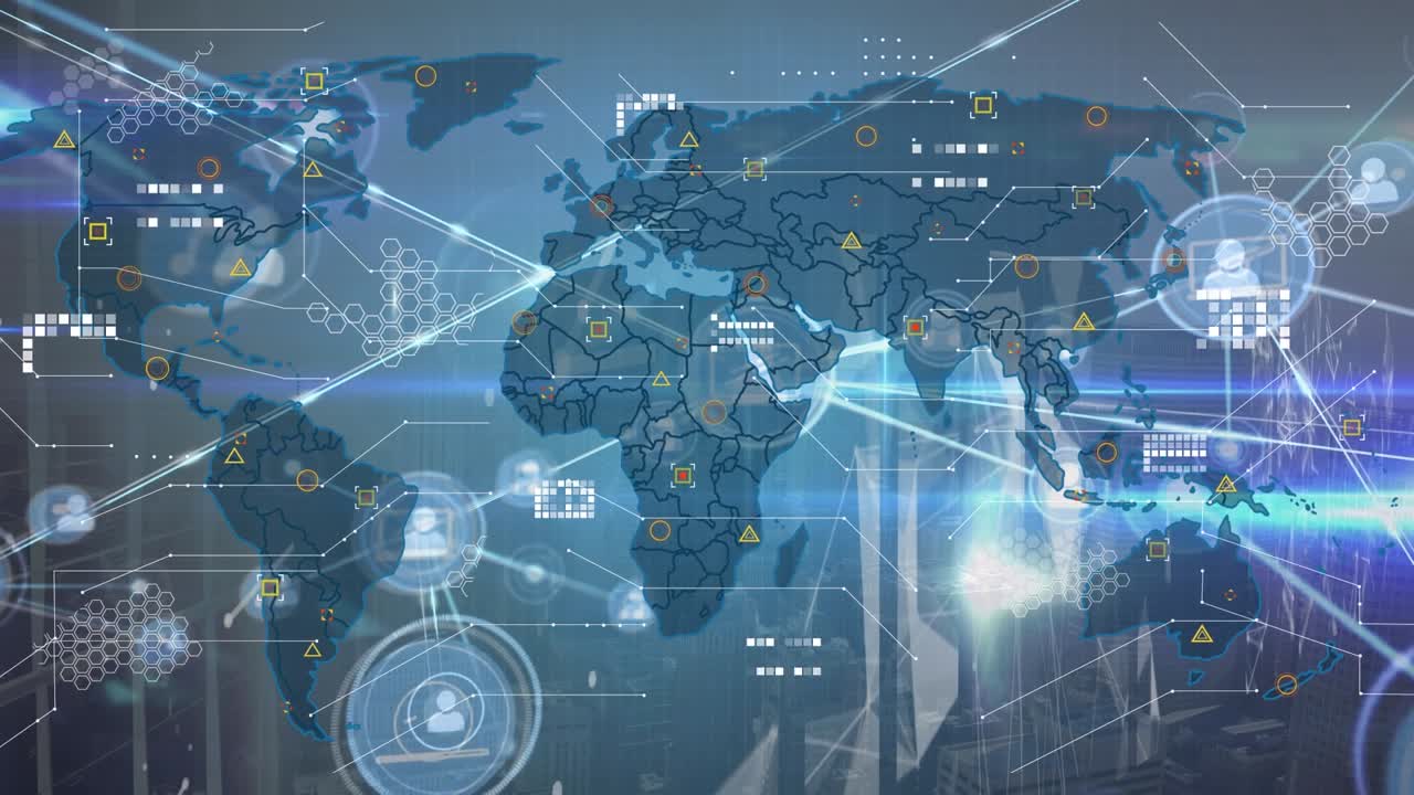 Animation of network of connections and world map over grey background