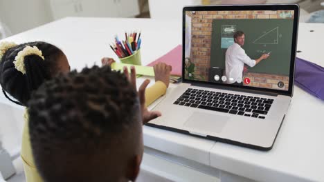Composition of african american schoolgirl and schoolboy on laptop online learning with teacher