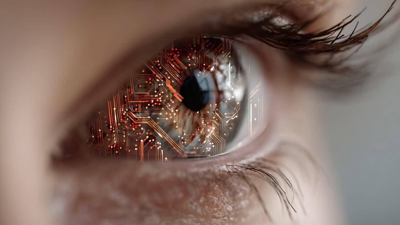 A Close-Up View of a Futuristic Eye with Intricate Circuitry Reflected Inside, Symbolizing the Integration of Technology and Humanity in Modern Vision