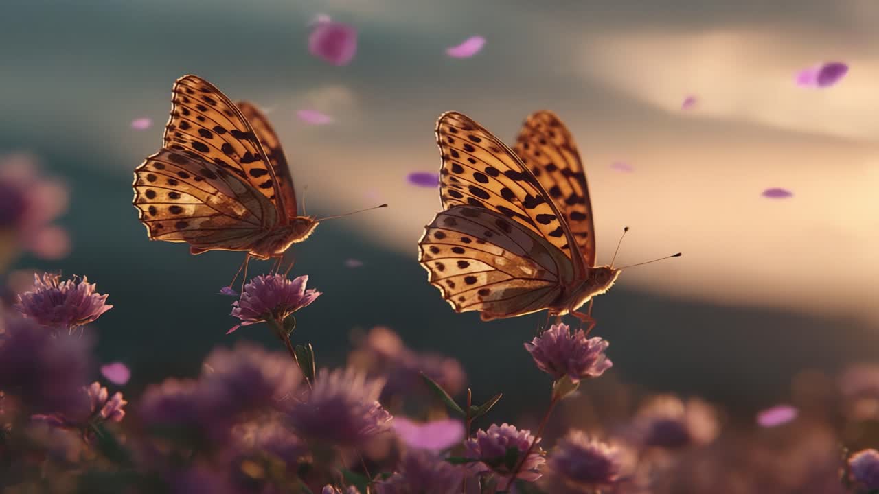 A Serene Moment: Two Butterflies Dancing Among Delicate Flowers Under a Soft Sunset, Capturing the Essence of Nature's Beauty and Tranquility in a Vibrant Landscape