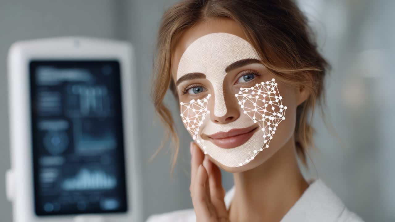 Una donna sicura di sé che abbraccia la tecnologia e l'innovazione nella cura della pelle, mostrando un'analisi facciale avanzata in un ambiente estetico moderno.