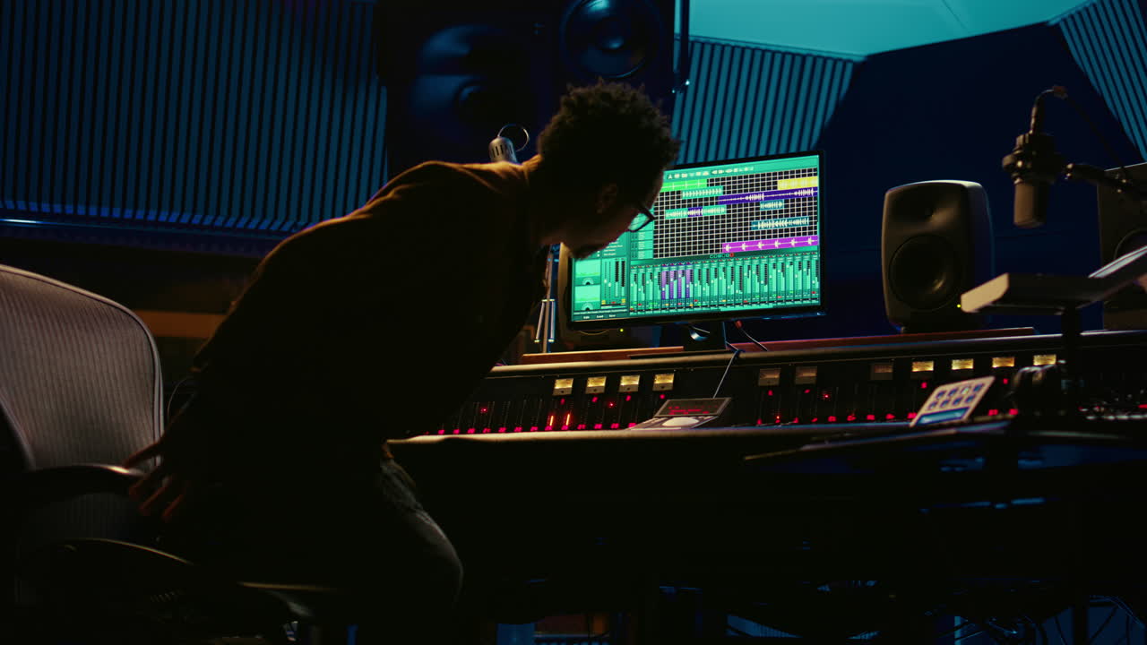 African american audio engineer uses compressor and mixer in professional studio