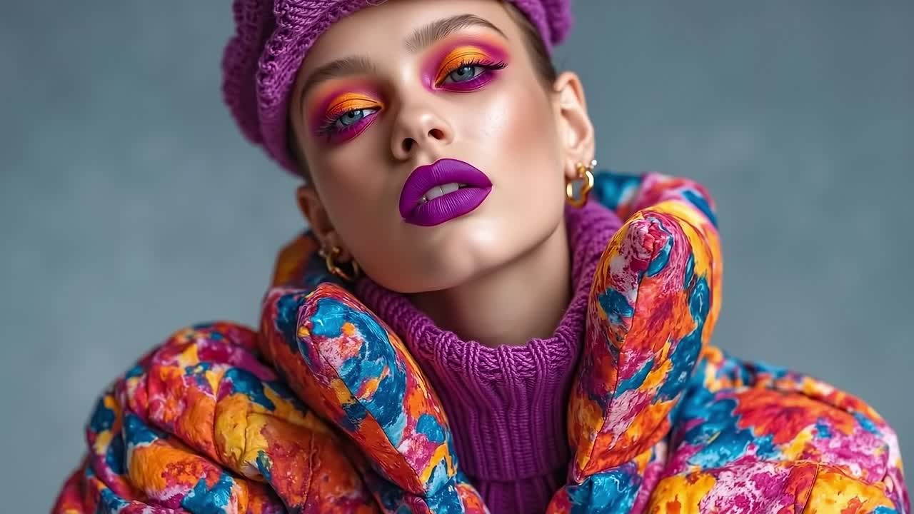 A woman wearing a purple hat and colorful jacket