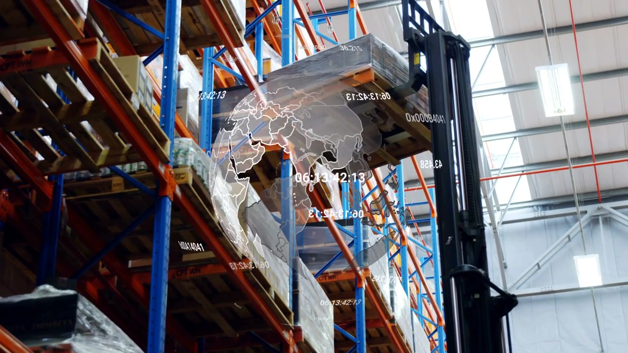 Operatore che avvia il carrello elevatore, carrello elevatore che solleva un pallet imballato nello scaffale superiore, globo che ruota per le scorte.
