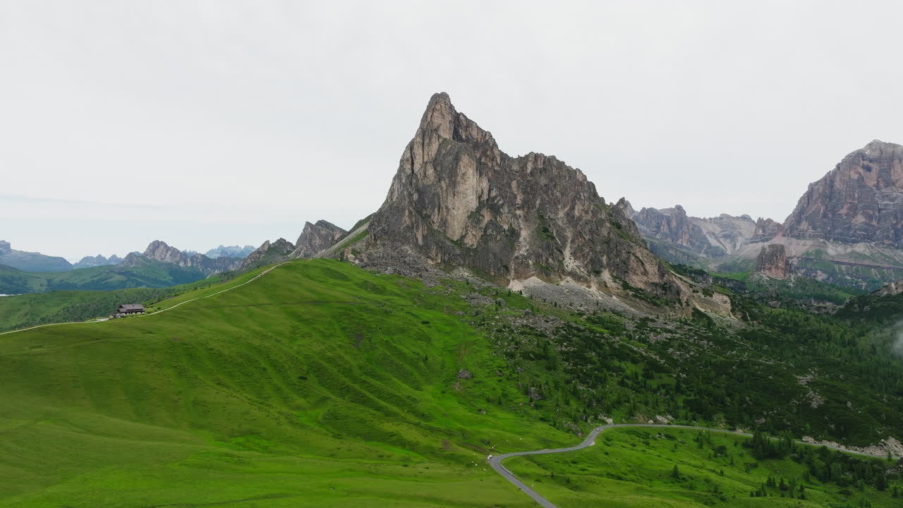 Panoramic view of Giau Pass in Dolomites, Passo Di Giau, Drone shot