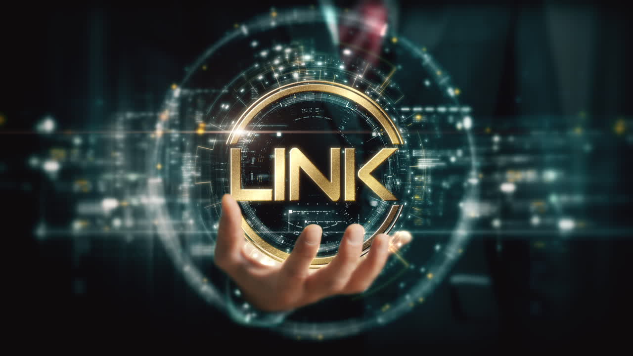 A visionary businessman extends his hand, unveiling a vibrant futuristic holographic display showcasing global crypto trading, business analytics, stock exchanges, and market trends : LINK