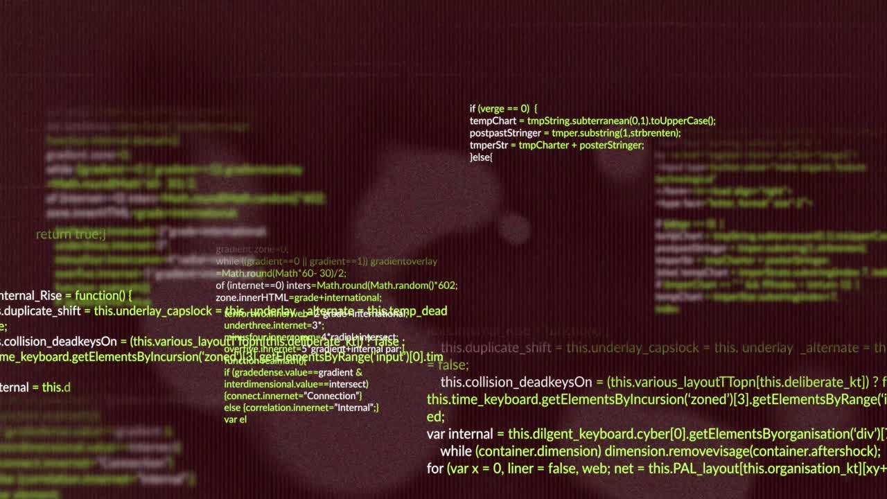 JavaScript code blocks flowing over maroon gradient screen in flat design, showing layered text