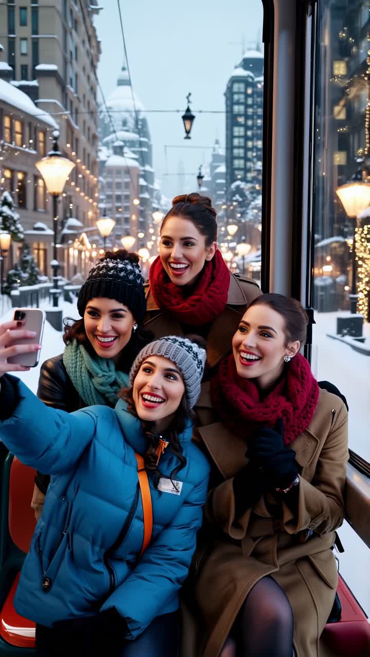 Group of youths traveling by tram on a chilly winter day.