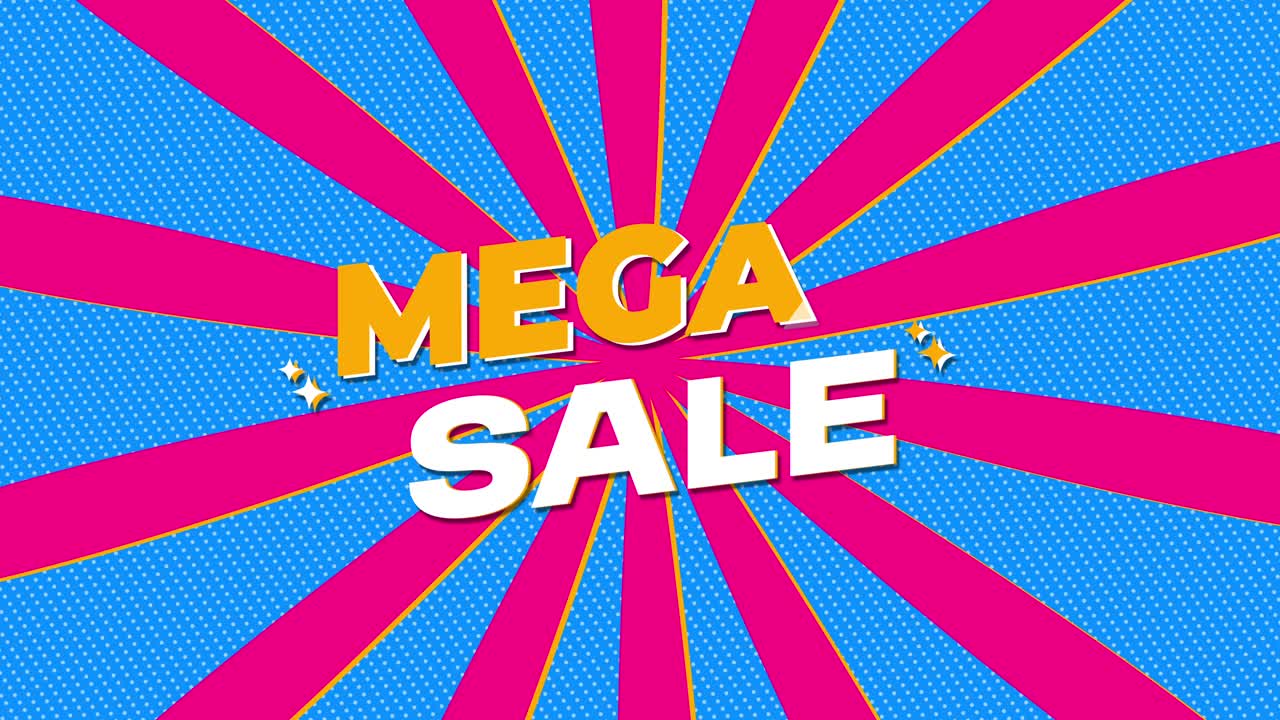 Testo "Mega Saldi" su uno sfondo a fumetti Pop Art vibrante.