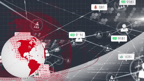 animation of network of profile icons and social media icons over spinning globe and data processing