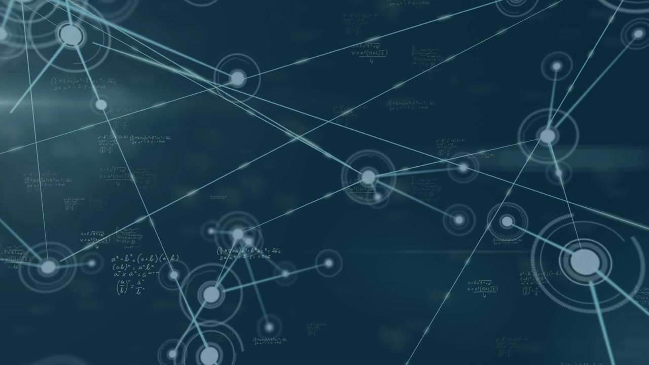 Animation af matematiske ligninger, forbindelser og databehandling over sort baggrund