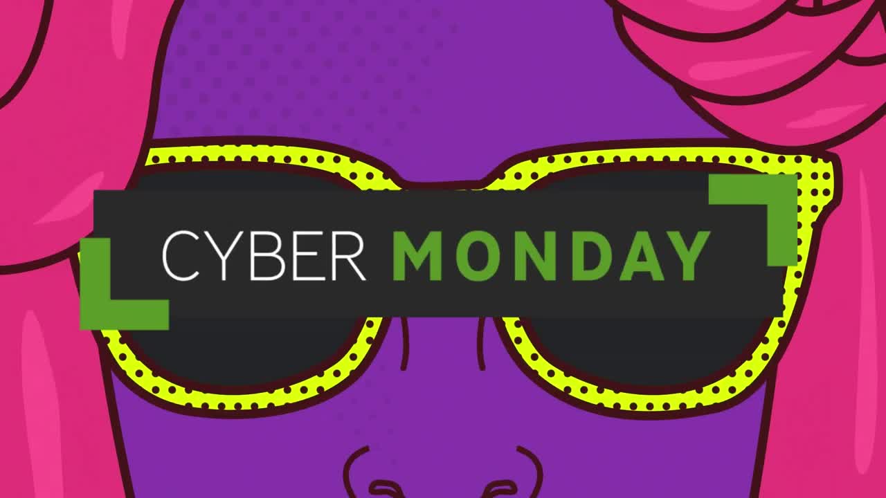 Digital animation af Cyber Monday tekstbanner med ikon af kvinde med solbriller