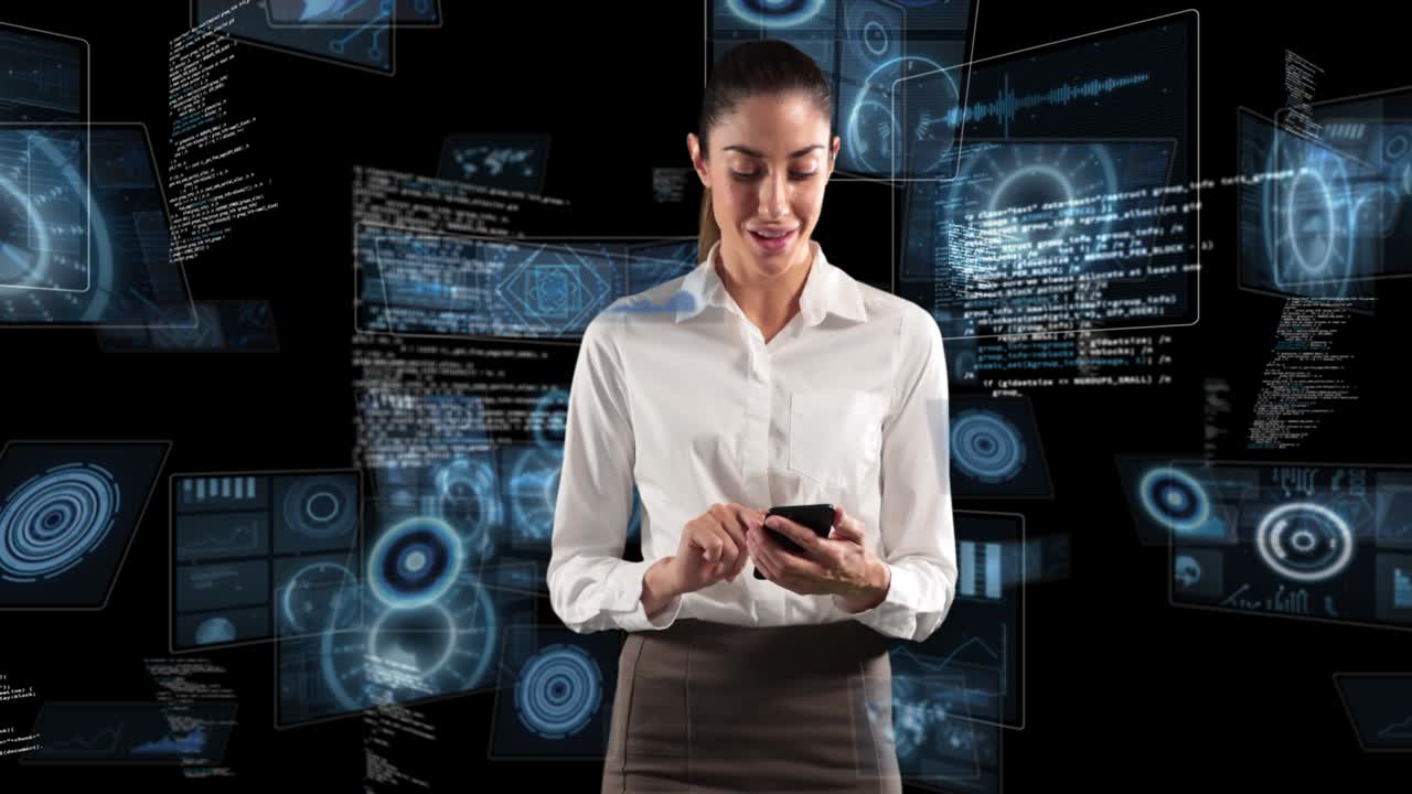 animación de escaneo de alcance y procesamiento de datos sobre una mujer usando un teléfono inteligente