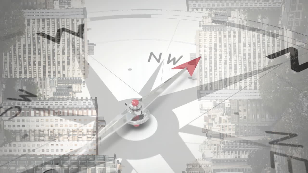 Compass needle pointing northwest over cityscape with animation of buildings