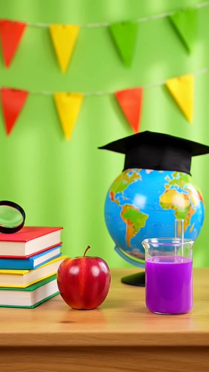 Konsep pendidikan dengan buku, apel, globe, dan topi wisuda