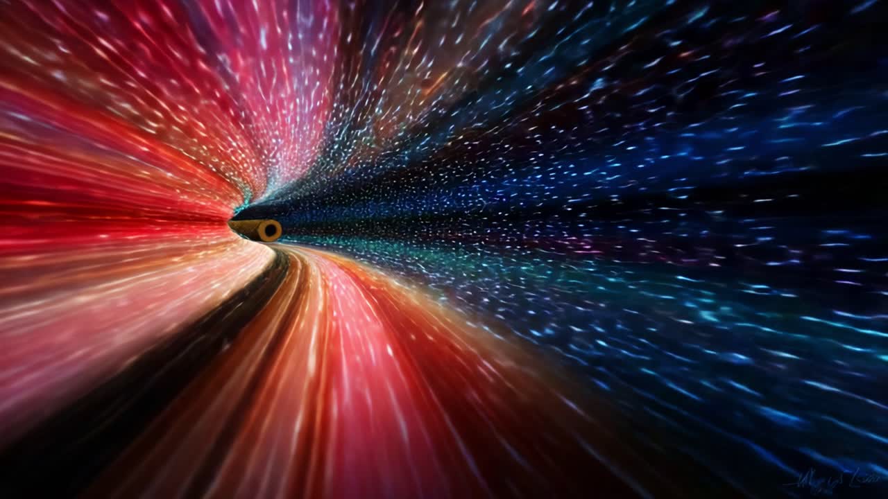 A mesmerizing journey through a cosmic tunnel of vibrant colors and luminous stars, showcasing the dynamic beauty of interstellar space as it swirls and captivates the imagination